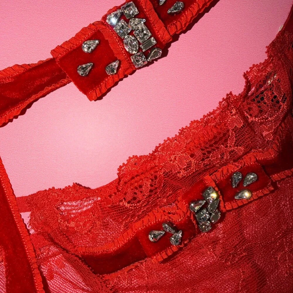 Victoria's Secret DESIGNER COLLECTION 36C BRA+garter+L RED VELOUR BOWS crystals